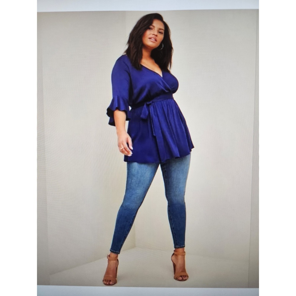 Torrid Navy Blue Stretchy V-Neck Elastic Waist w/Tie 3/4 Sleeve Babydoll Top, 4X